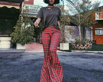Women's High Waisted Red Plaid Super Flared Bell Bottoms Women's High Waisted Red Plaid Super Flared Bell Bottoms
