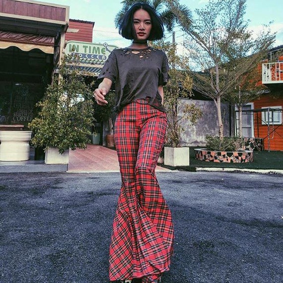 Women's High Waisted Red Plaid Super Flared Bell Bottoms - Etsy