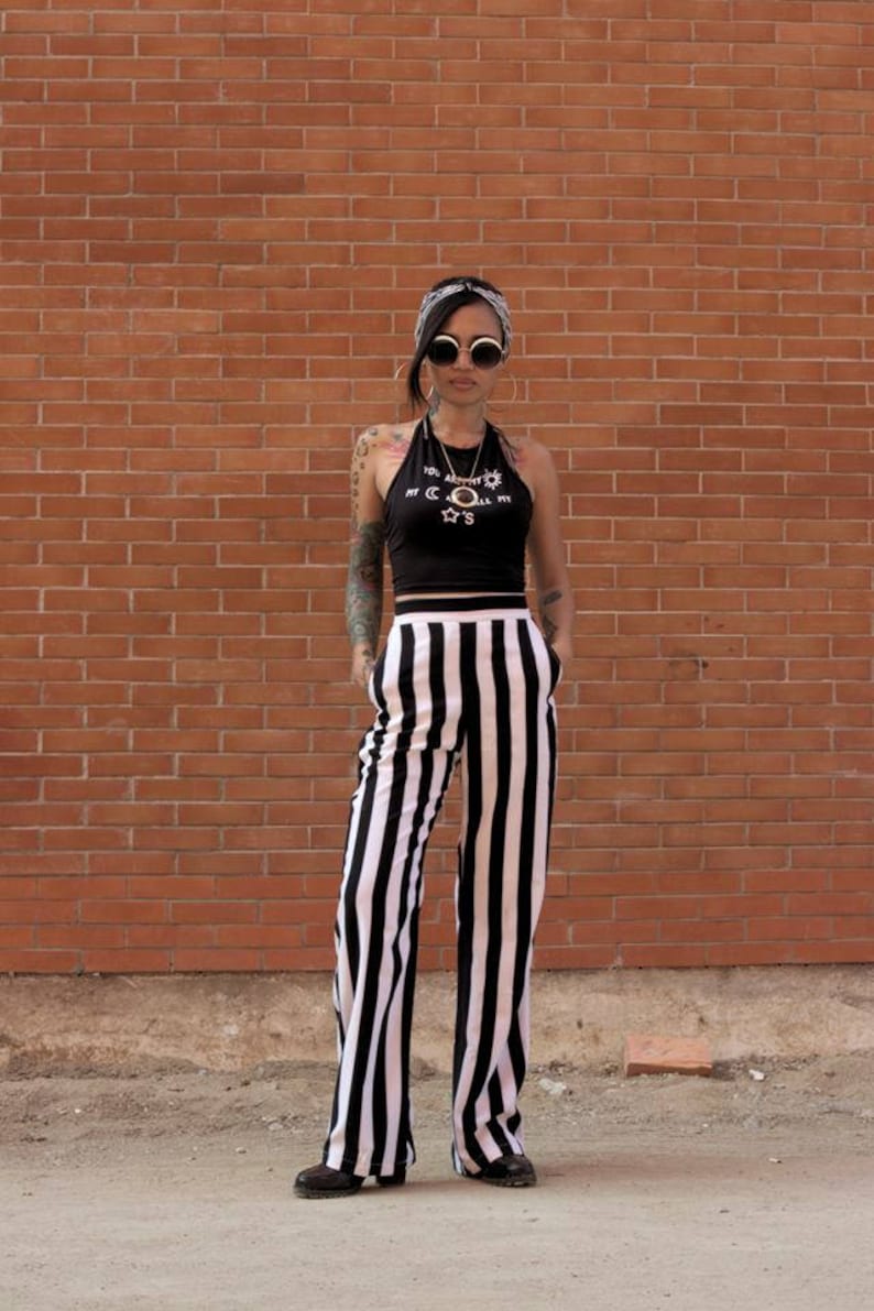 Women's BLACK/WHITE Striped High Waist Straight Trousers/Vintage 70s fashion /Wide legs loose pants. image 2