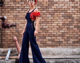 Women's Jeans Denim Dungaree/Overall/High Waisted Jeans Jumpsuit /High-rise/Wide Legs/Extra long/Side Buttons/ Vintage 70s style