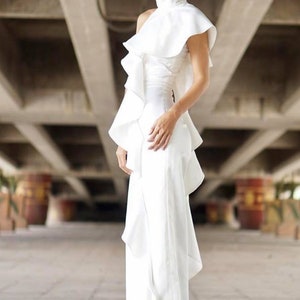 Women's White Jumpsuit One Side Ruffled/High Waist Wide leg / Ruffle Jumpsuit 70s style/ruffled trim one shoulder. image 2