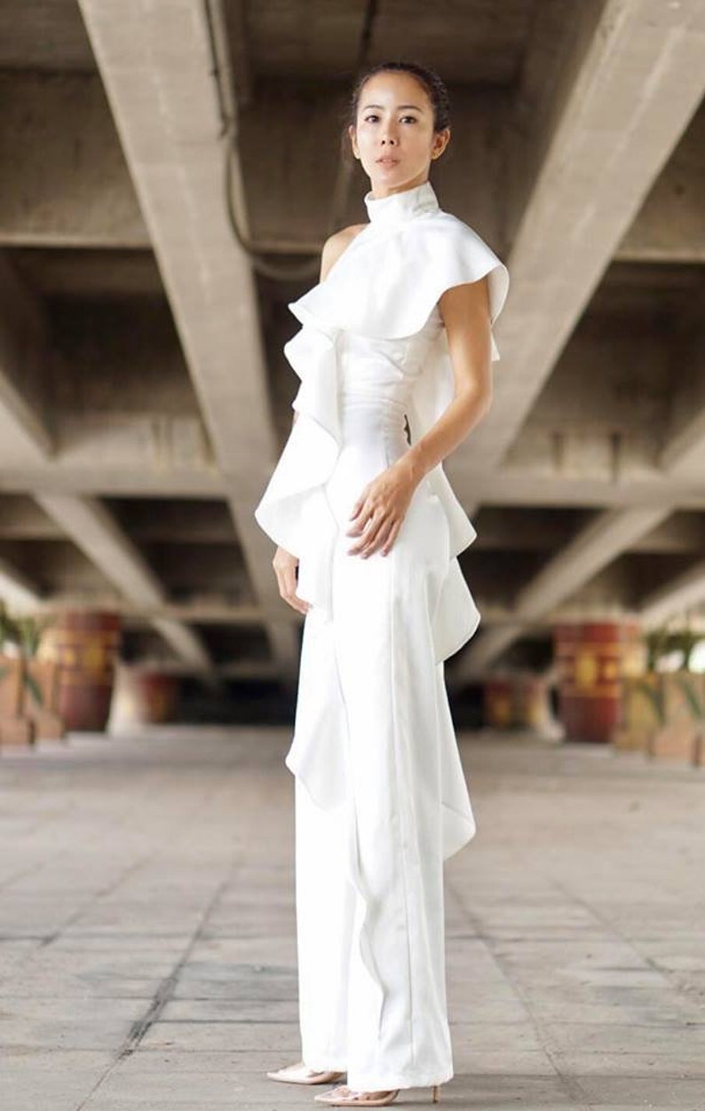 Women's White Jumpsuit One Side Ruffled/High Waist Wide leg / Ruffle Jumpsuit 70s style/ruffled trim one shoulder. image 2