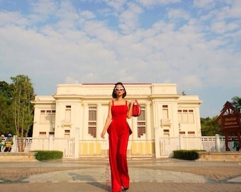 Red Backless Jumpsuit, High Waist Wide Leg, Big Ribbon, 70s Style