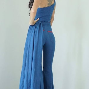 Women's Jeans Denim Elegant Cocktail Outfit Vintage 70s Style/One Shoulder Unique Top/High Waist Bell Bottom Flare Pants image 2