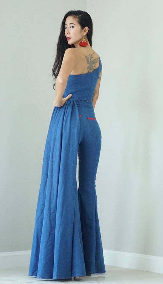 Women's High Waist Denim Jeans Ruffle Tiered Bell Bottom Pants/ Vintage 70s  Style/bohemian/mamma Mia Pants. -  Hong Kong