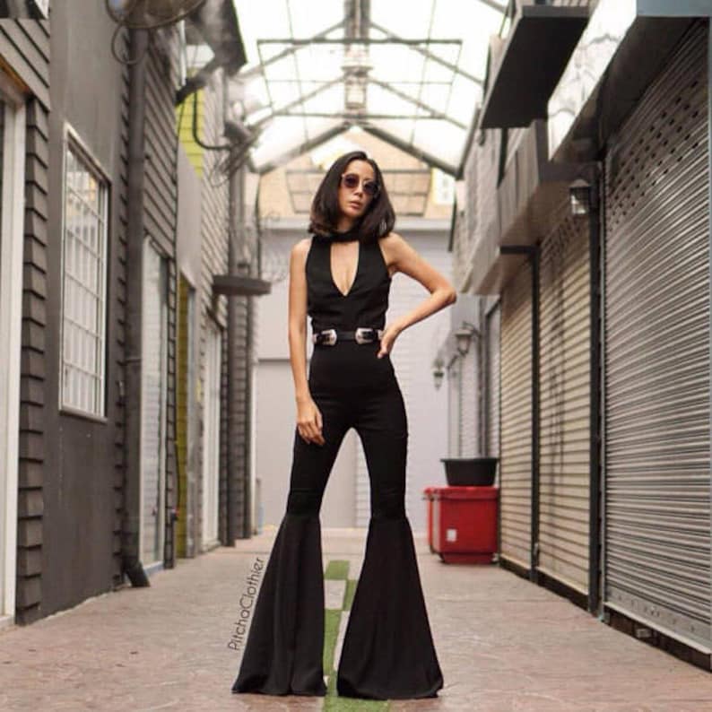 Vintage Overalls & Jumpsuits Womens Luxurious Black Jumpsuit Deep V- neck High waist super flared bell bottom vintage 70s style/Funky/Disco Jumpsuit. $139.00 AT vintagedancer.com