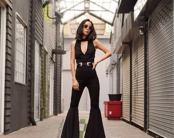 Women's Luxurious  Black Jumpsuit Deep V- neck High waist super flared bell bottom vintage 70s style/Funky/Disco Jumpsuit.