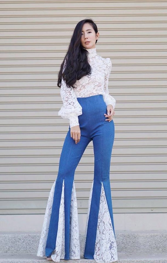 Women's Denim High Waisted White Lace Insets Wide Flare Bell Bottom  Pants/vintage 70s Style/hippie/boho Pants. 