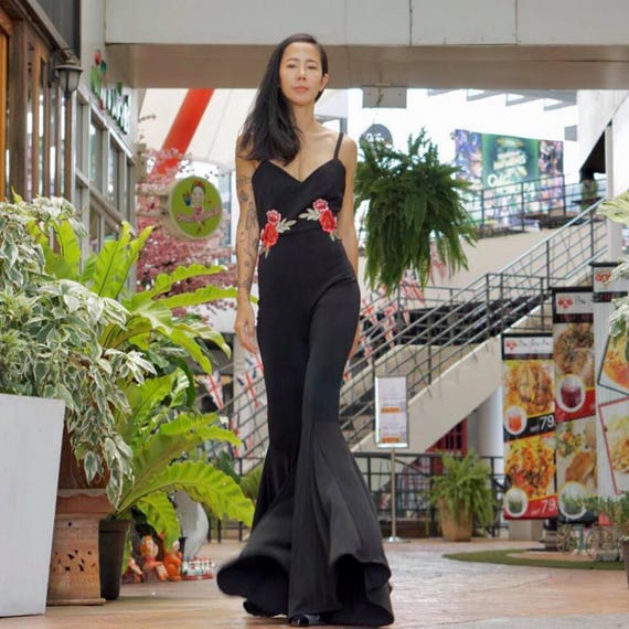Embroidered Rose Bell Bottom Jumpsuit - 70s Style Backless