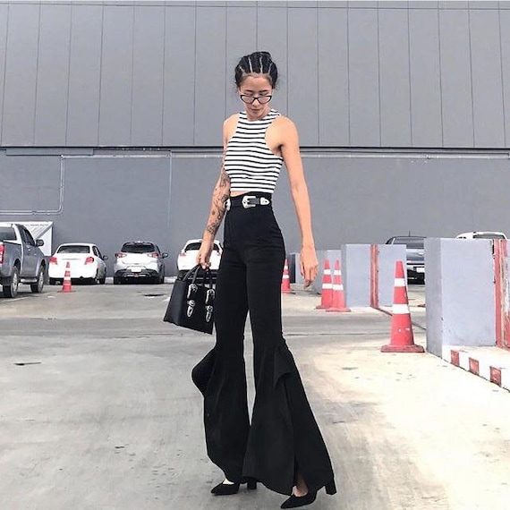 Black ruffle bell bottom pants outlet