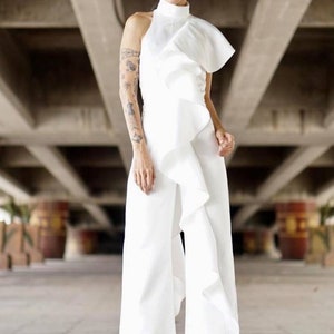 Women's White Jumpsuit One Side Ruffled/High Waist Wide leg / Ruffle Jumpsuit 70s style/ruffled trim one shoulder. image 1
