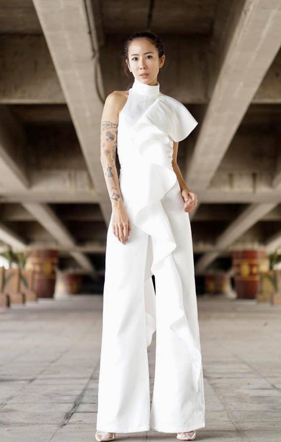 Women's White Jumpsuit One Side Ruffled/high Waist Wide Leg / Ruffle  Jumpsuit 70s Style/ruffled Trim One Shoulder. -  Canada