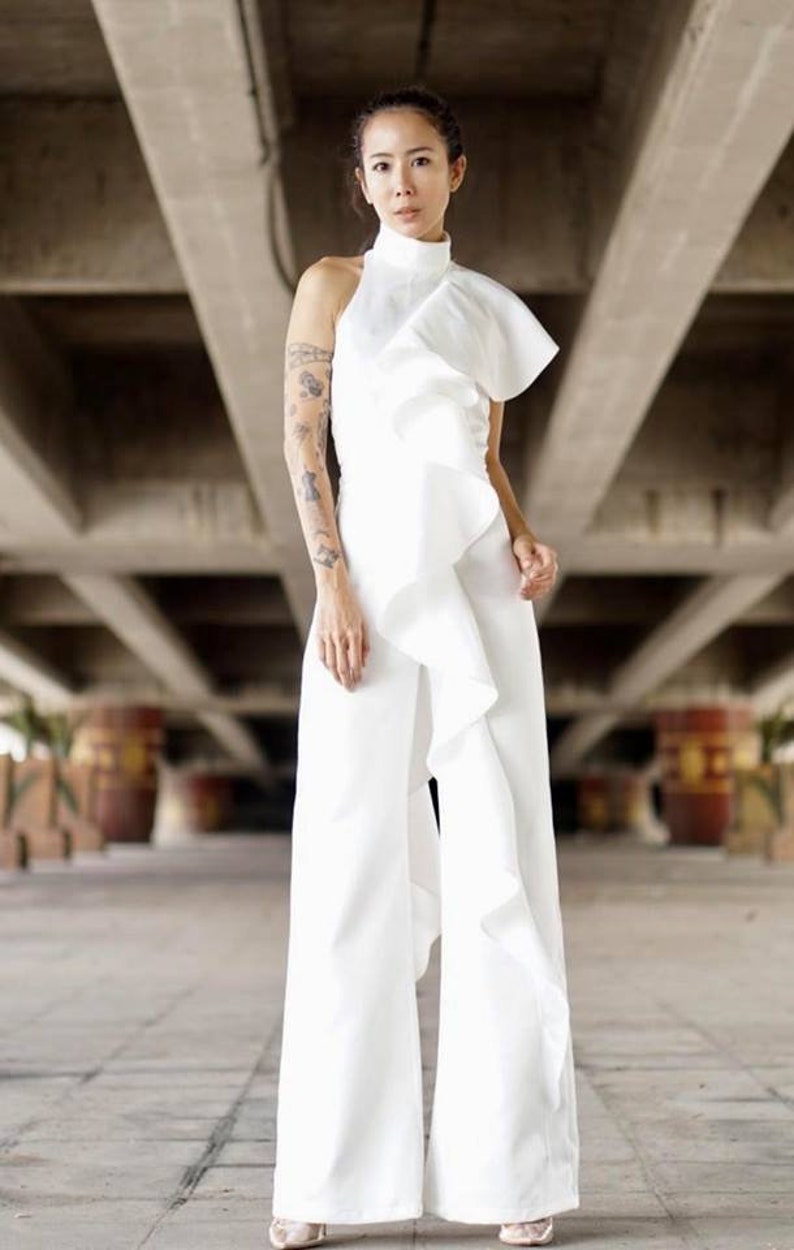 Women's White Jumpsuit One Side Ruffled/High Waist Wide leg / Ruffle Jumpsuit 70s style/ruffled trim one shoulder. image 1