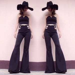 Women's black/white high waisted exposed sides flared bell bottoms pants/vintage 70s fashion/Boho/Hippie.