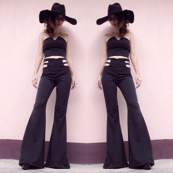 Women's Black/white High Waisted Exposed Sides Flared Bell Bottoms