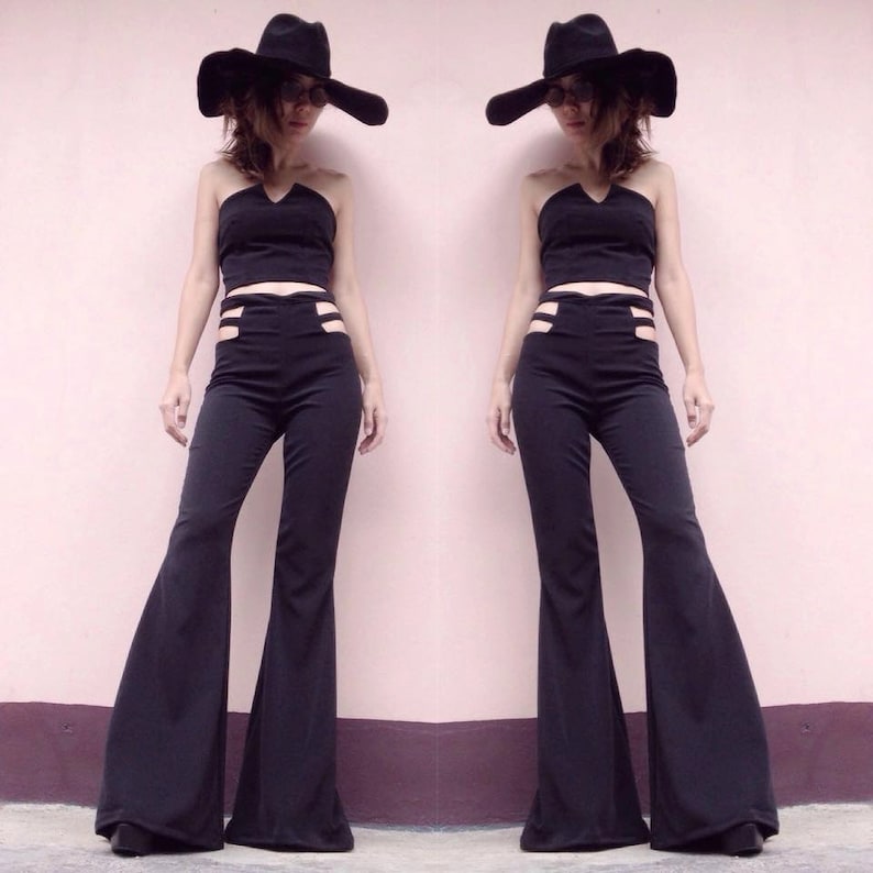 Women's black/white high waisted exposed sides flared bell image 0