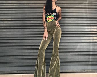 Women's High Waisted Lurex Super Flared Bell-Bottoms Pants/shiny/sparkling pants/Disco/70s fashions/Boho/Gypsy/Hippie