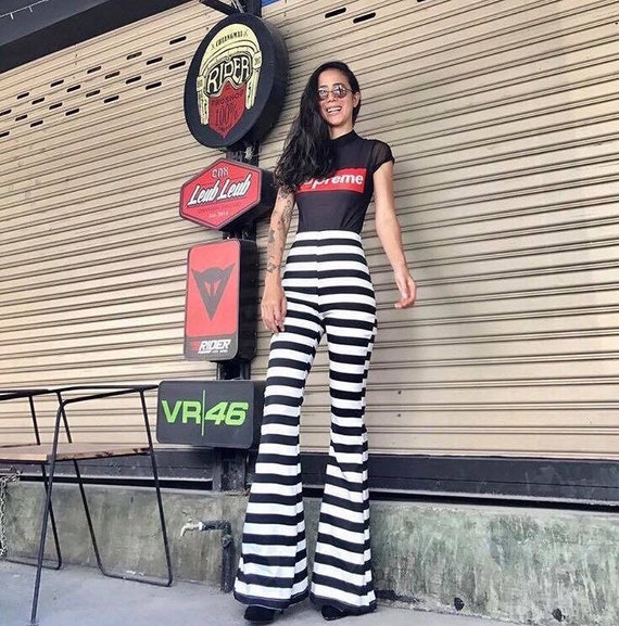 Women's Black and White Striped High Waisted Flared Bell Bottoms  Pants/vintage 70s / Prisoner,convict,inmate Striped Pants,festival Outfit.  