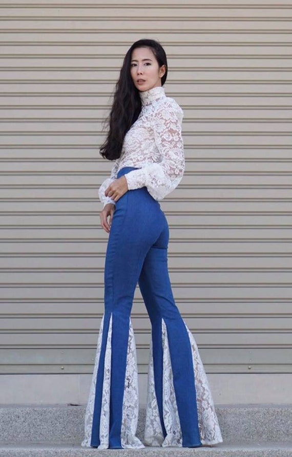 Women's Denim High Waisted White Lace Insets Wide Flare Bell Bottom Pants/vintage  70s Style/hippie/boho Pants. -  Canada