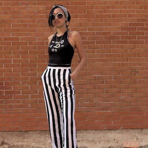 Women's BLACK/WHITE Striped High Waist Straight Trousers/Vintage 70s fashion /Wide legs loose pants. image 1