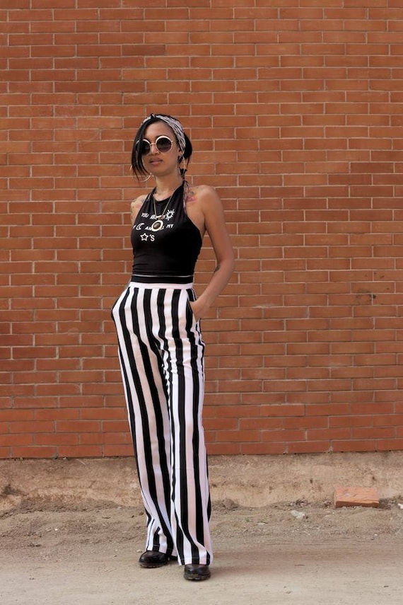 Black White Vertical Striped Wide Leg Pants Women 2023 Elastic