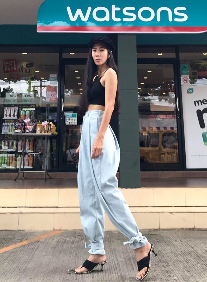 Women's Summer Casual High waist Jeans Bow Tie Ankles Pants / Baggy Trousers Tied Ankle/Loose Trouser. image 2