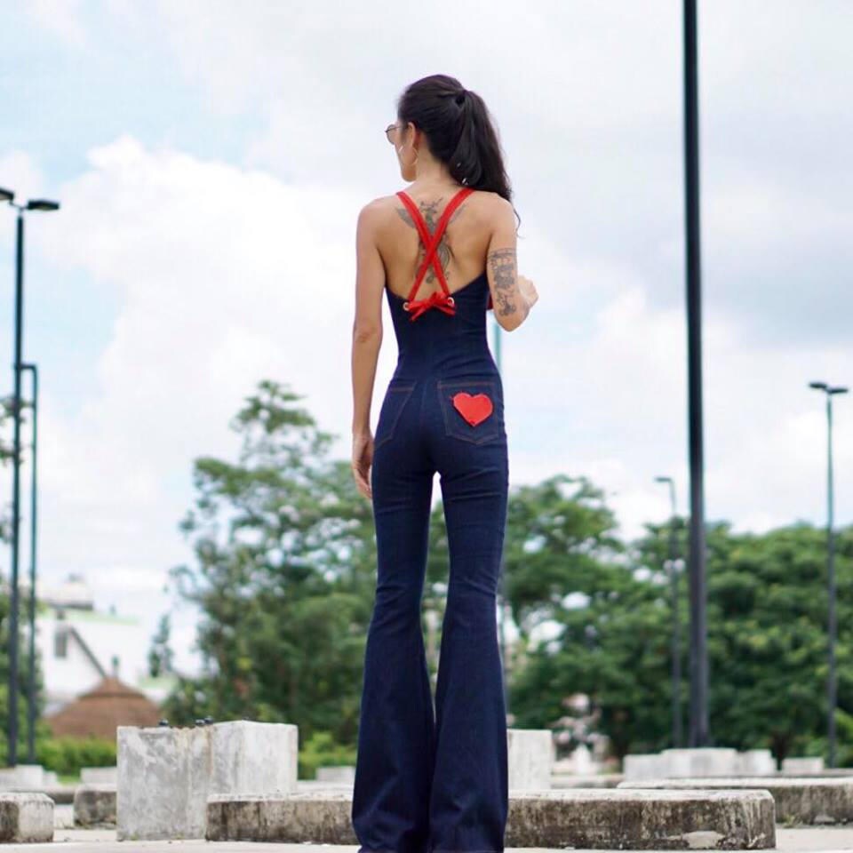 Denim Jumpsuit With Red Hearts, 70s Bell Bottom Style - Etsy