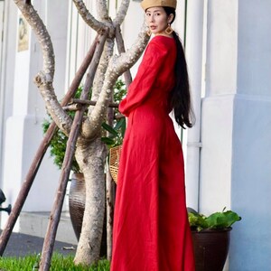 Red Linen Elegant V Neck Balloon Long Sleeve High Waisted Wide leg Jumpsuit 70s./All Colors Available. image 2