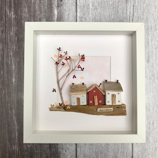 Driftwood Wall Art Autumn Decor • Framed Little Wooden Houses • 3D Wood Wall Art • Driftwood Houses