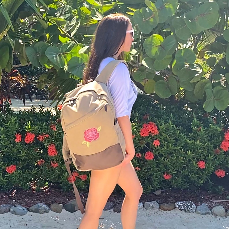 Embroidered Rose Canvas Backpack Floral Eco Friendly Vegan Faux Leather Boho Girly Edgy VSCO Girl