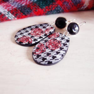 Black Houndstooth Clay Drop Earrings – Tartan Style Long Earrings, Gift Idea for Women
