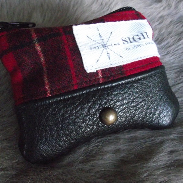 Red/Black Plaid Coin Purse - Fine Wool, Leather and Zipper  - (Red/Black Plaid & Black)