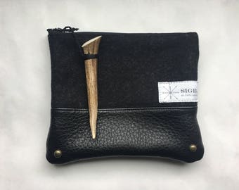 Wool/Leather Pouch - Fine Wool, Leather (Charcoal/Black)