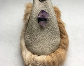 SIGIL Medicine Bag with Amethyst Crystal and Butterscotch Rabbit Fur