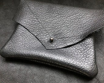 Black Deerhide Pouch: Raw Edge & Button Stud Closure