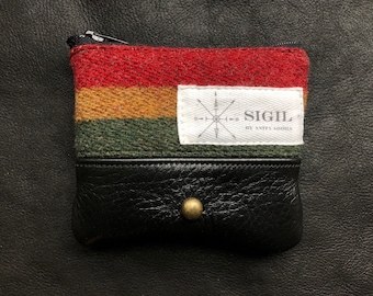 ID/Coin Purse: Red/Mustard/Green Stripes Wool / Black Leather