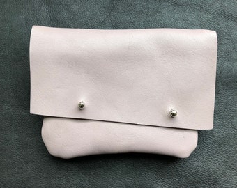 Dusty Rose Lambskin Pouch: Raw Edge & Double Button Stud Closure