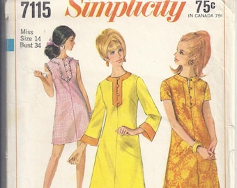 Vintage Pattern Simplicity 7115 Misses Collarless A-Line Dress, from 1967. Bust 34