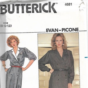 May include: Butterick sewing pattern 4681 featuring two women's dress designs by Evan-Picone. The dresses are double-breasted with long sleeves and belted waists. One dress is gray with a white collar, the other is striped. The pattern size is 8-10-12.