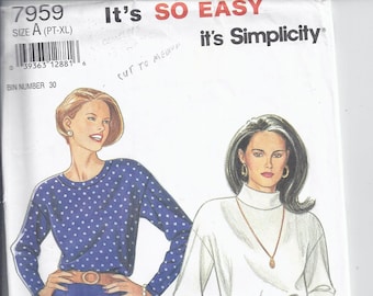 Simplicity Pattern # 7959 from 1992  Misses Pullover tops with long sleeves, with or withour collar. Bust 30 1/2-38  Easy