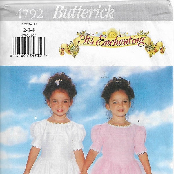 Butterick Sewing Pattern # 4792 from 1996. Childs Dress with dropped waist bodice. Sizes 2-3-4.  UNCUT.  Its Enchanting Pattern