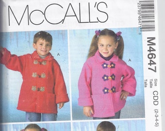 McCalls M4647 2004 Childrens, Boys, Girls Unlined Coats with or without hood Chest 21-23  UNCUT