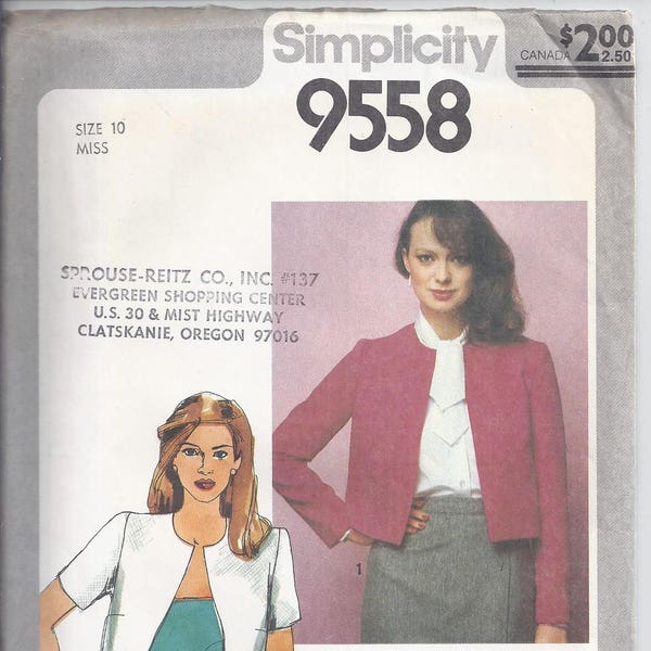 Simplicity Pattern # 9558 from 1980:  Misses Jiffy Unlined Jacket with jewel neckline , Bust 32 1/2, UNCUT