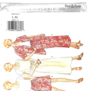 Puede incluir: Un patrón de costura para un armario Fast & Easy, con varias opciones de ropa. Los diseños incluyen una falda, pantalones, una blusa y una chaqueta con estampado floral. El patrón está disponible en tallas L-XL.
