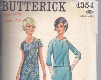 Butterick Pattern #4354 from the 1960's.  Misses Dress and Jacket.  Bust 33.  Size 12 1/2.