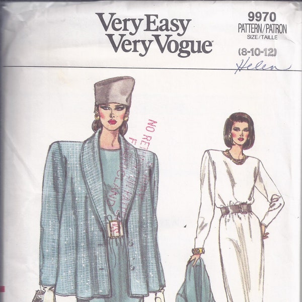 Vogue Sewing Pattern 9970 from 1987.  Misses Loose Fitting, Flared Jacket and Blouson Dress. Bust 31 1/2-34.  Sizes 8-12.  UNCUT