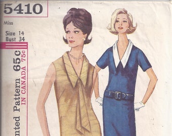 Simplicity Sewing Pattern 5410 ca. 1964. Misses One Piece Dress with Detachable Collar.  Bust 34, Size 14