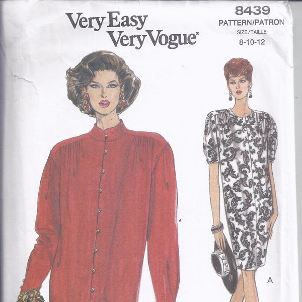 Vogue Sewing Pattern 8439 from 1992. Misses Loose Fitting, Slightly tapered Dress. Very Easy.   Bust 31 1/2-34. Sizes 8-12. UNCUT