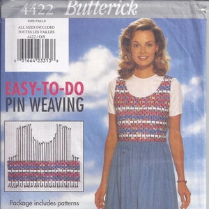 May include: Butterick sewing pattern for a jumper with a pin woven bodice. The pattern includes instructions and is labeled "Easy-To-Do Pin Weaving." The model is wearing a white top and a blue skirt.