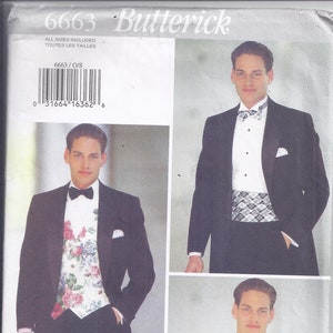 May include: A vintage Butterick pattern featuring a man in various formal wear ensembles. The outfits include black tuxedos, bow ties, patterned vests, and cummerbunds. The pattern number is 6663.